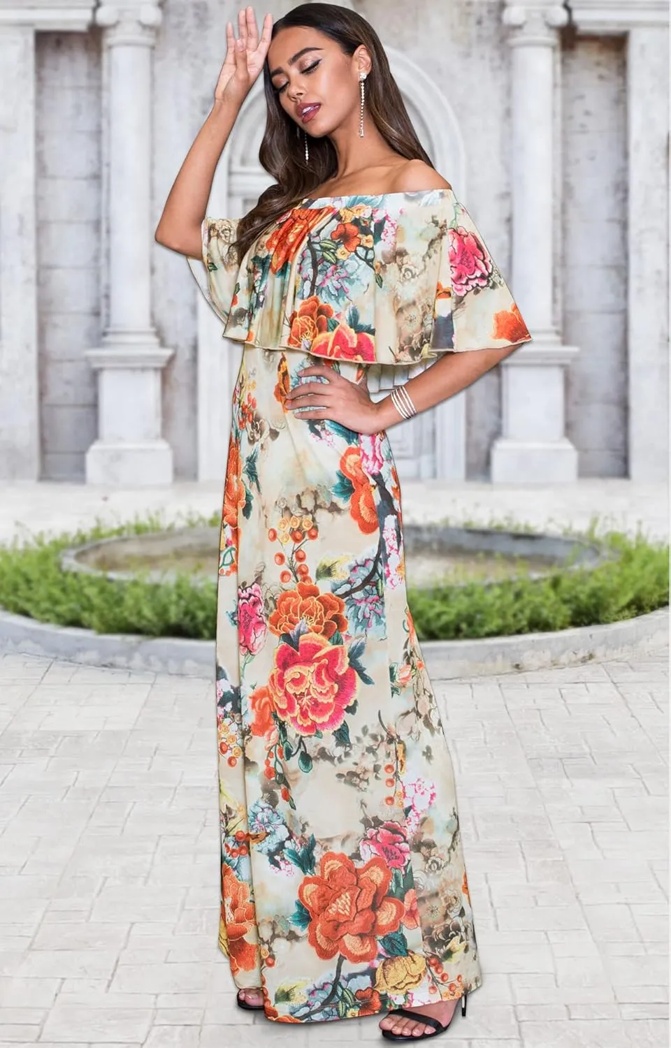 KOH KOH Womens Long Strapless Floral Print Summer Cocktail Maxi Dress Gown