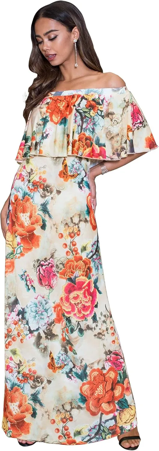 KOH KOH Womens Long Strapless Floral Print Summer Cocktail Maxi Dress Gown