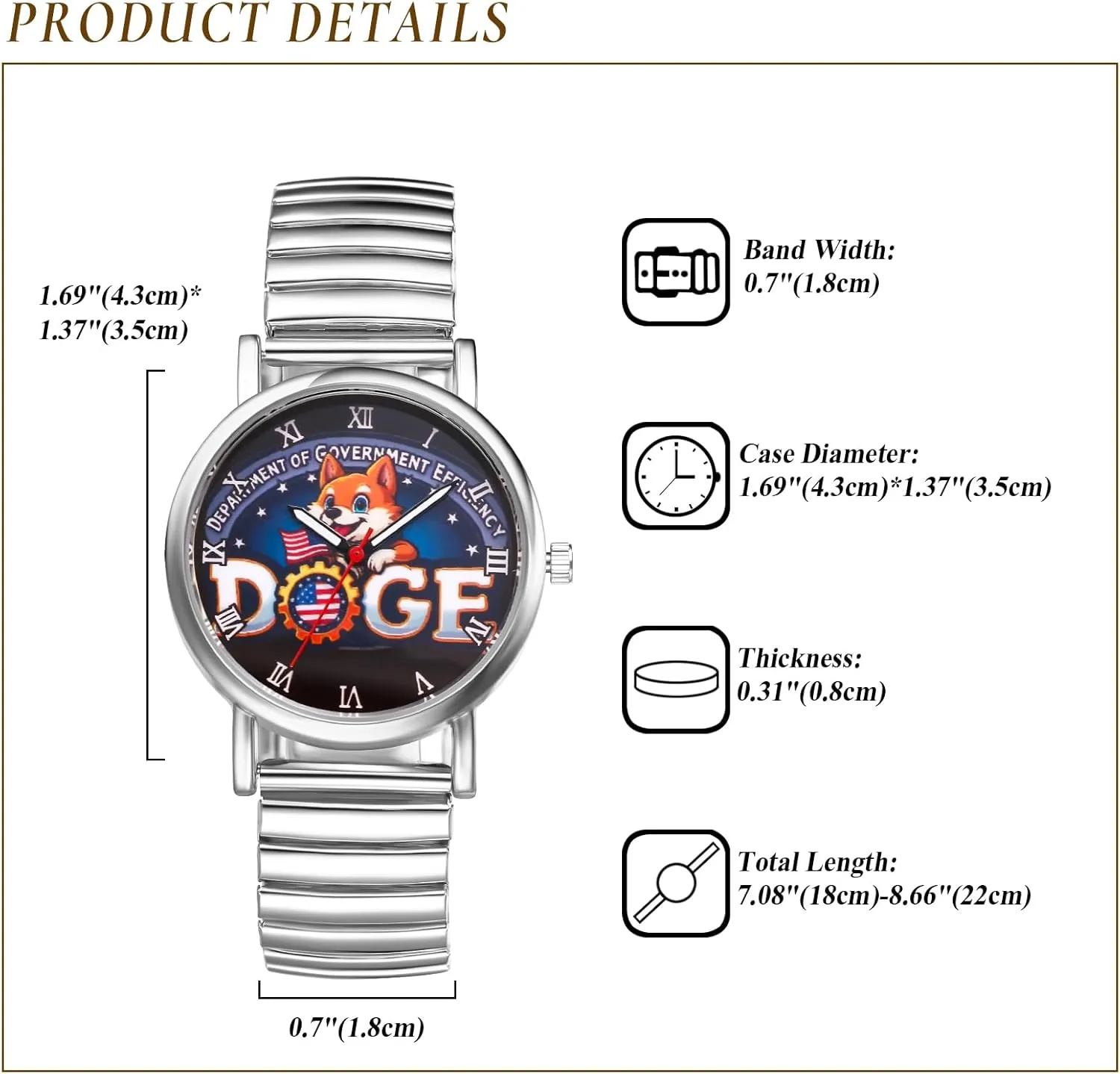Lancardo Men Women Elastic Watch: Doge Dial Analog Quartz Gold Silver Tone Stainless Seel Stretch Band Watch Easy to Read
