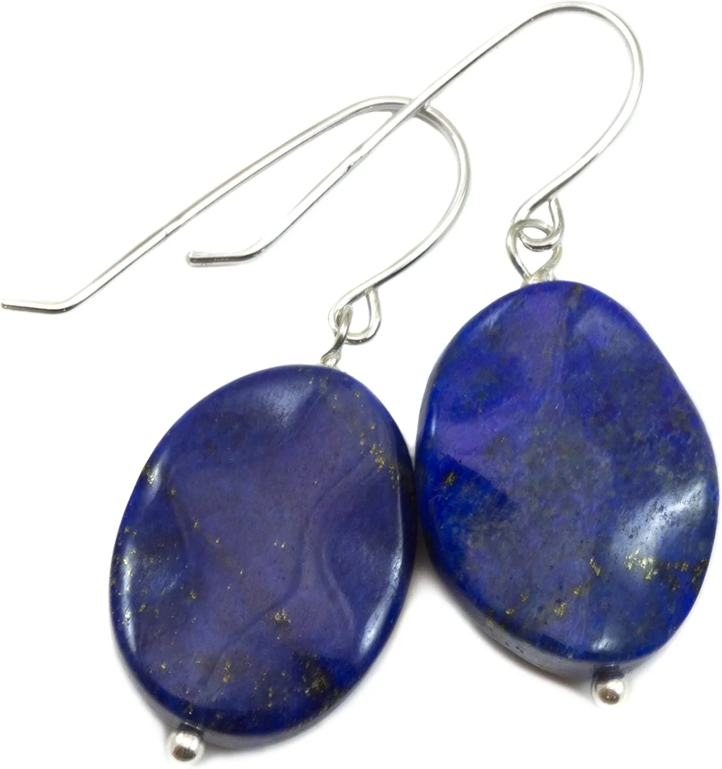 Lapis Lazuli Blue Earrings Wavy Oval Cut Simple Drops Dark Blue Pyrite Flecks