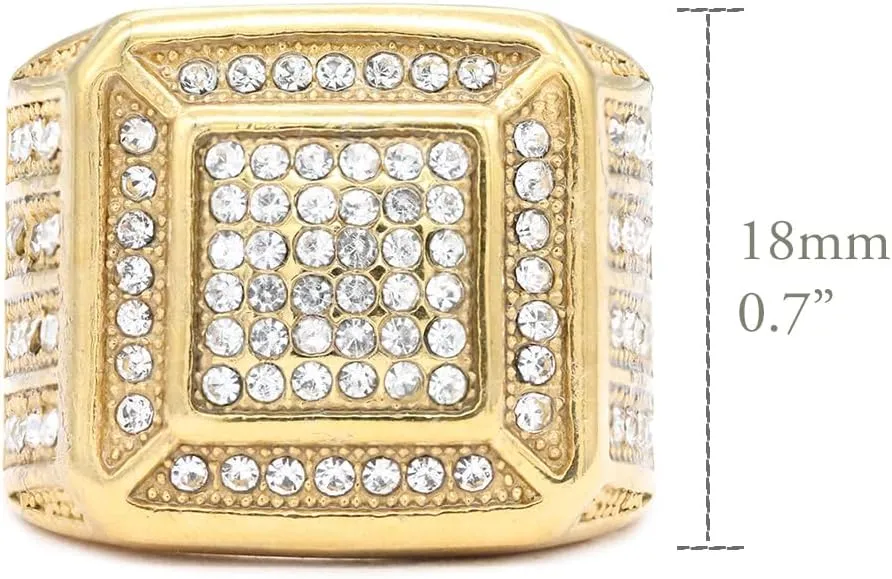 Lavencious Luxurious Stainless Steel Mens Ring 0.7" Square Design Size from 9 to 13 Gold and Silver Statement Rings