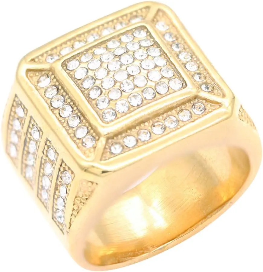 Lavencious Luxurious Stainless Steel Mens Ring 0.7" Square Design Size from 9 to 13 Gold and Silver Statement Rings