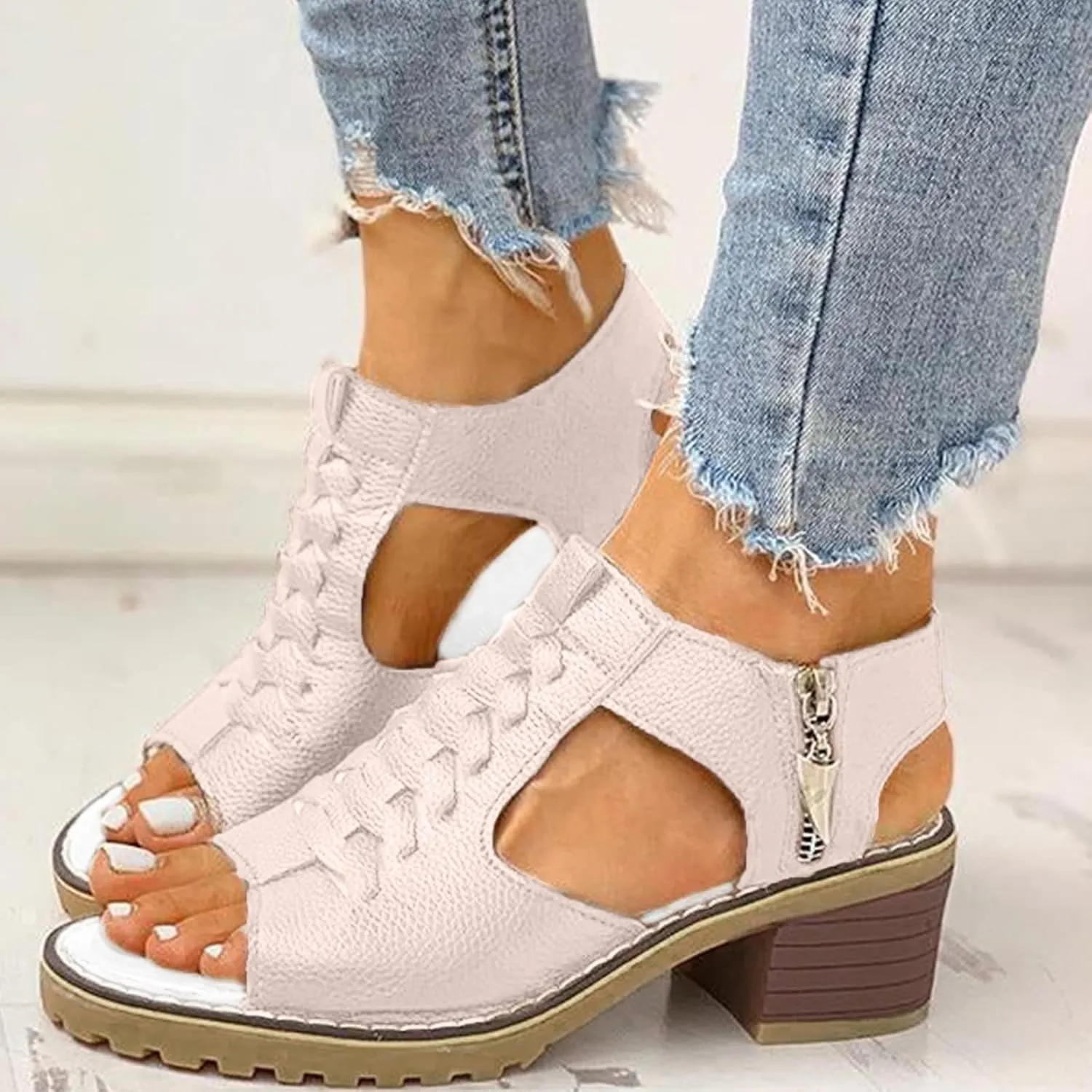 Libiyi Shoes for Women Women's Comfy Orthotic Sandals Peep Toe Cutout Zipper Chunky Heeled Wedge Sandals, Orthopedic Leather Smoneyful Platform Comfortable Black Walking Beach Slippers