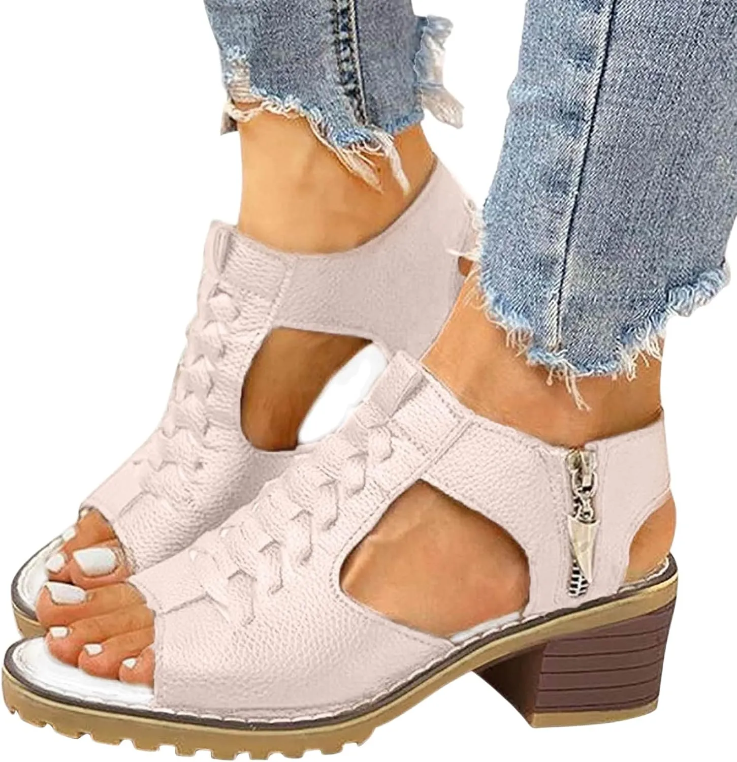 Libiyi Shoes for Women Women's Comfy Orthotic Sandals Peep Toe Cutout Zipper Chunky Heeled Wedge Sandals, Orthopedic Leather Smoneyful Platform Comfortable Black Walking Beach Slippers