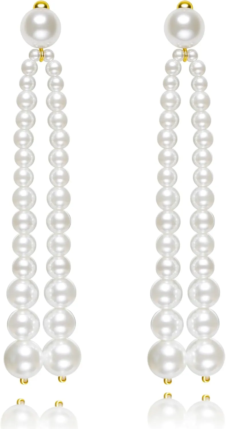 Long Pearl Earrings for Women 18K Gold Plated Long Dangle Drop Pearl Earrings 925 Sterling Silver Post Earrings Wedding Bridesmaid