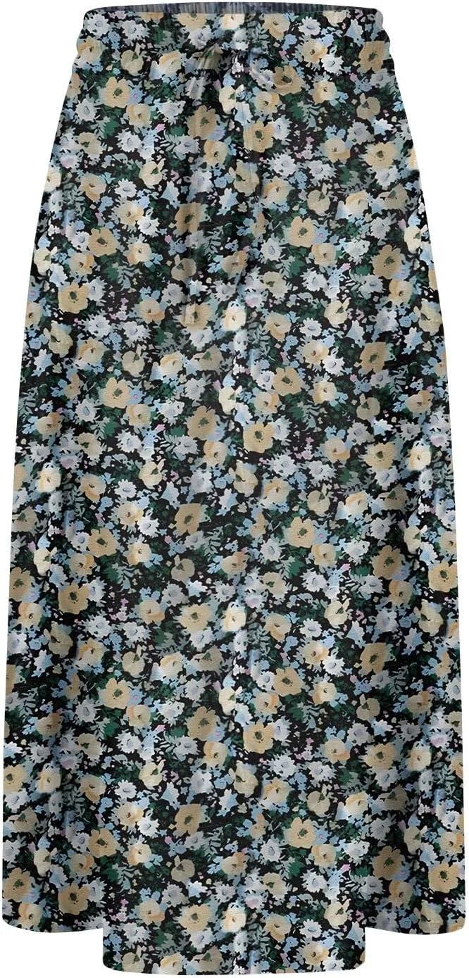 Long Skirts for Women Summer Casual Country Cute Beach Smocked Festival Floral Business Flutter Travel Flowy Skirts