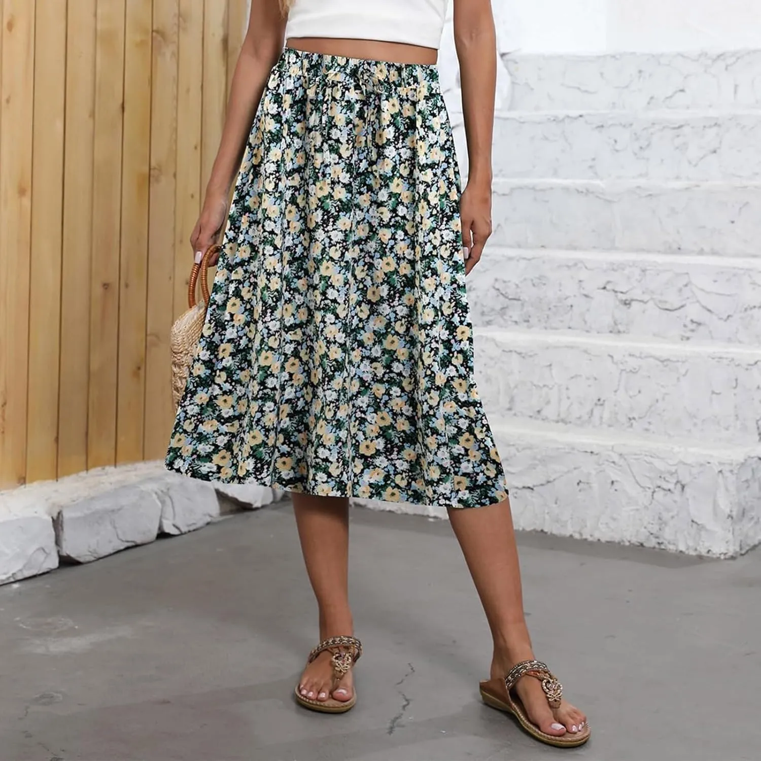 Long Skirts for Women Summer Casual Country Cute Beach Smocked Festival Floral Business Flutter Travel Flowy Skirts