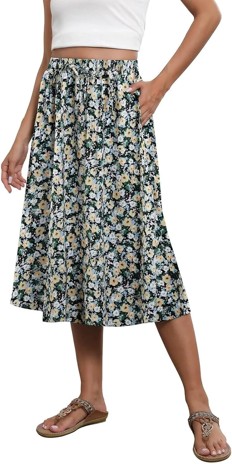 Long Skirts for Women Summer Casual Country Cute Beach Smocked Festival Floral Business Flutter Travel Flowy Skirts