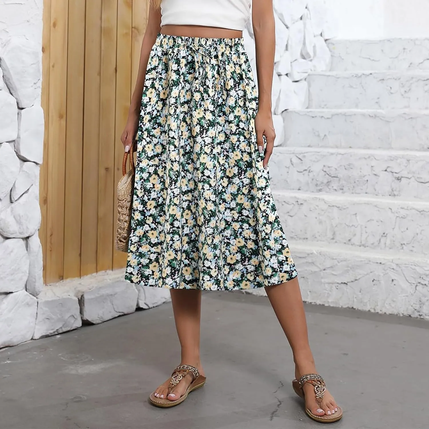 Long Skirts for Women Summer Casual Country Cute Beach Smocked Festival Floral Business Flutter Travel Flowy Skirts