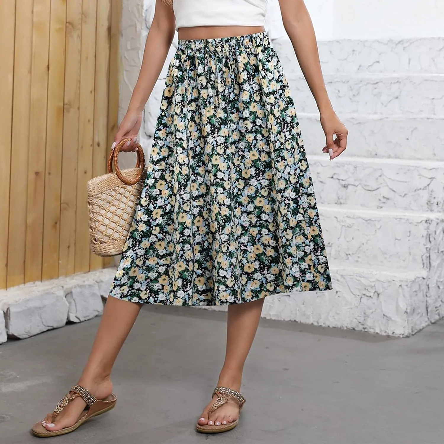 Long Skirts for Women Summer Casual Country Cute Beach Smocked Festival Floral Business Flutter Travel Flowy Skirts