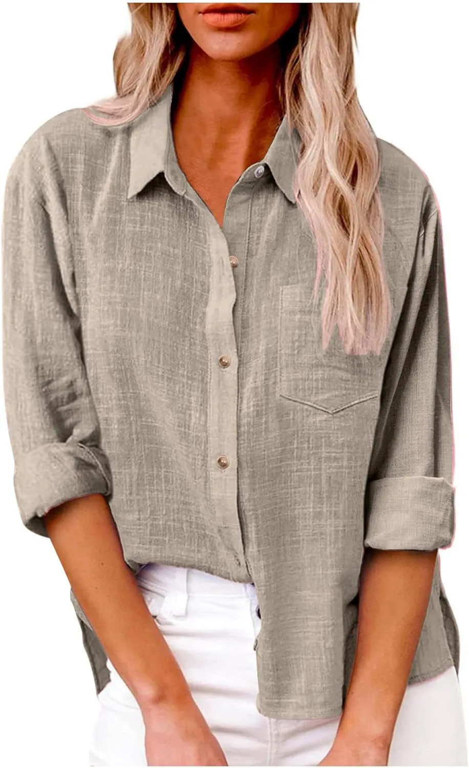 LRMQS Linen Shirts for Women Summer Long Sleeve Lapel Button Down Blouse Lightweight Gauze Loose Casual Fashion Shirt Clothes