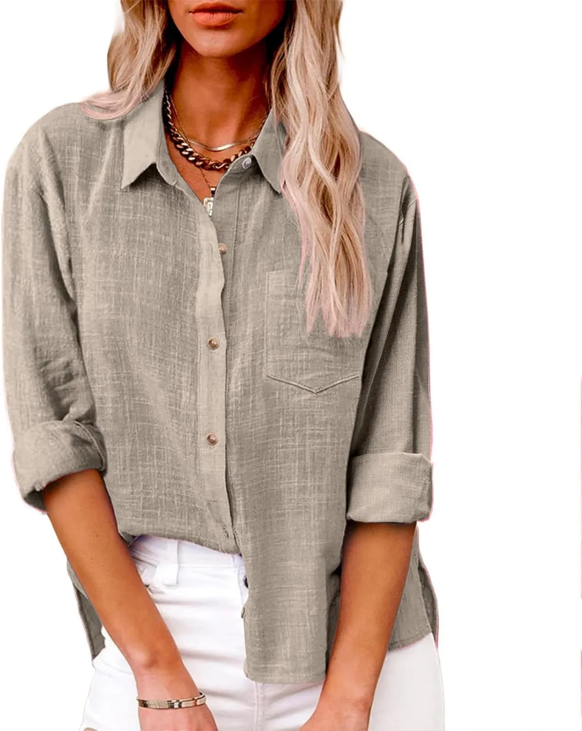 LRMQS Linen Shirts for Women Summer Long Sleeve Lapel Button Down Blouse Lightweight Gauze Loose Casual Fashion Shirt Clothes