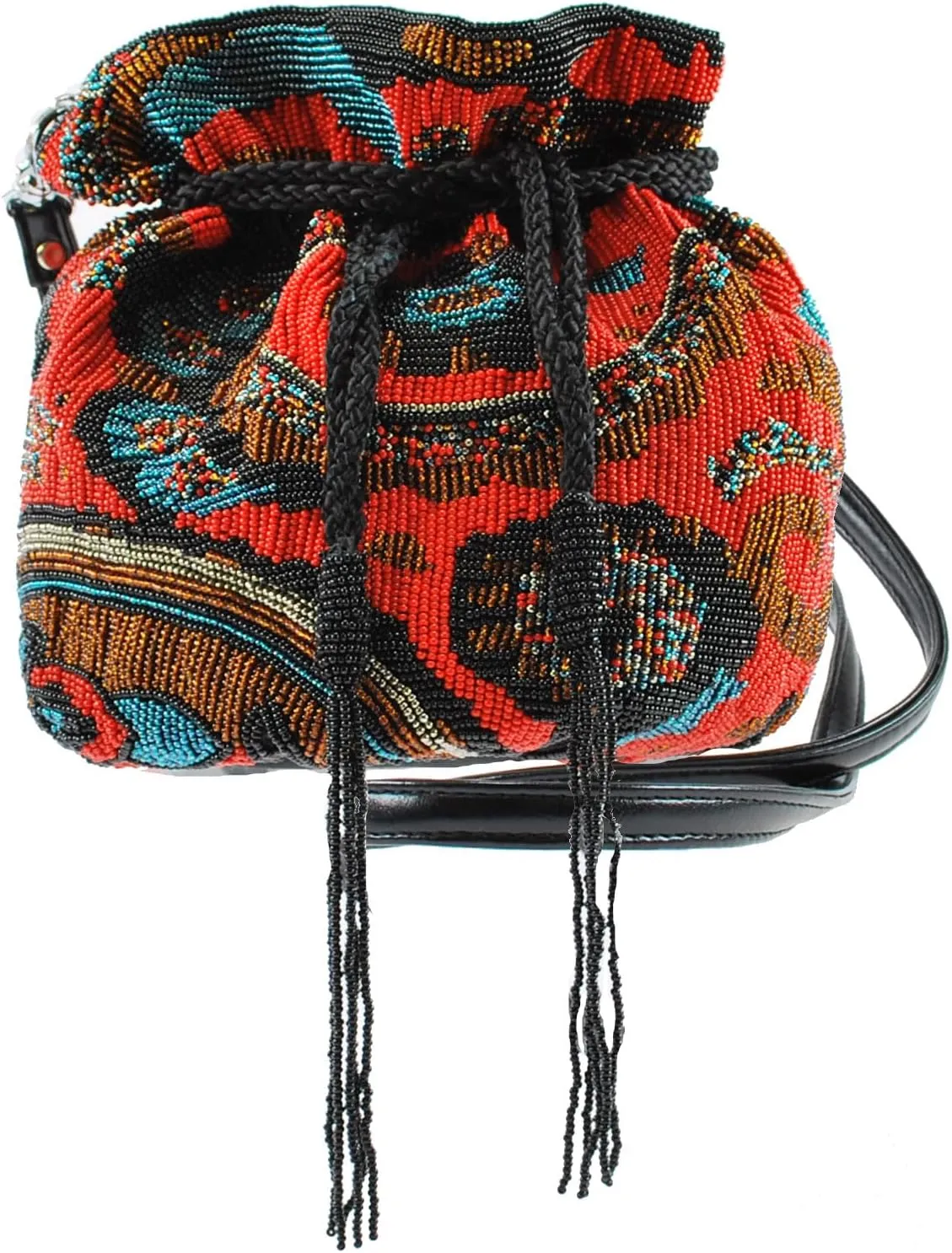 Mary Frances Passionate Paisley Red Vintage Hand Crafted Extensively Beaded Summer Of Love 60s Retro Throwback Drawstring Small Bucket Shoulder Bag