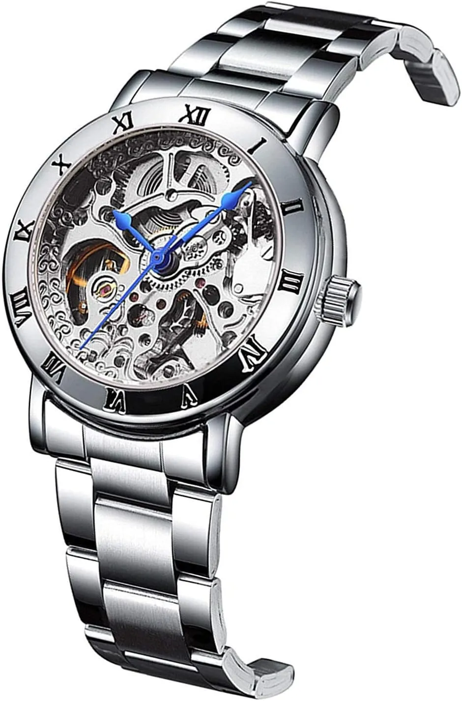 MASTOP Women's Watches Automatic Steampunk Self Winding Mechanical Silver Bracelet Ladies Skeleton Wrist Watch