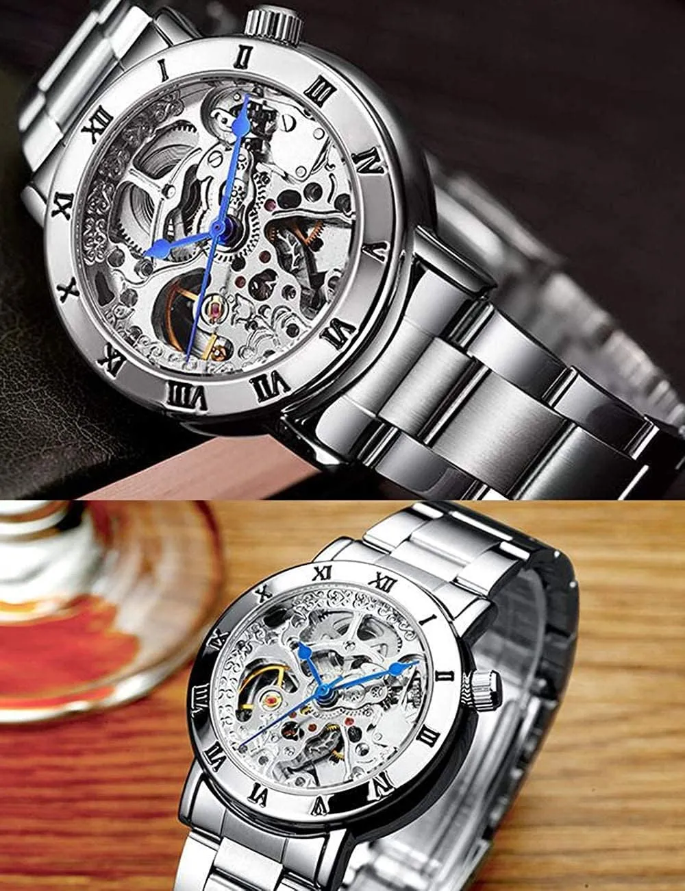 MASTOP Women's Watches Automatic Steampunk Self Winding Mechanical Silver Bracelet Ladies Skeleton Wrist Watch
