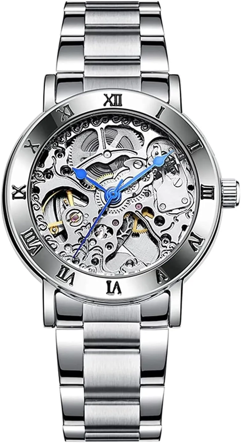 MASTOP Women's Watches Automatic Steampunk Self Winding Mechanical Silver Bracelet Ladies Skeleton Wrist Watch