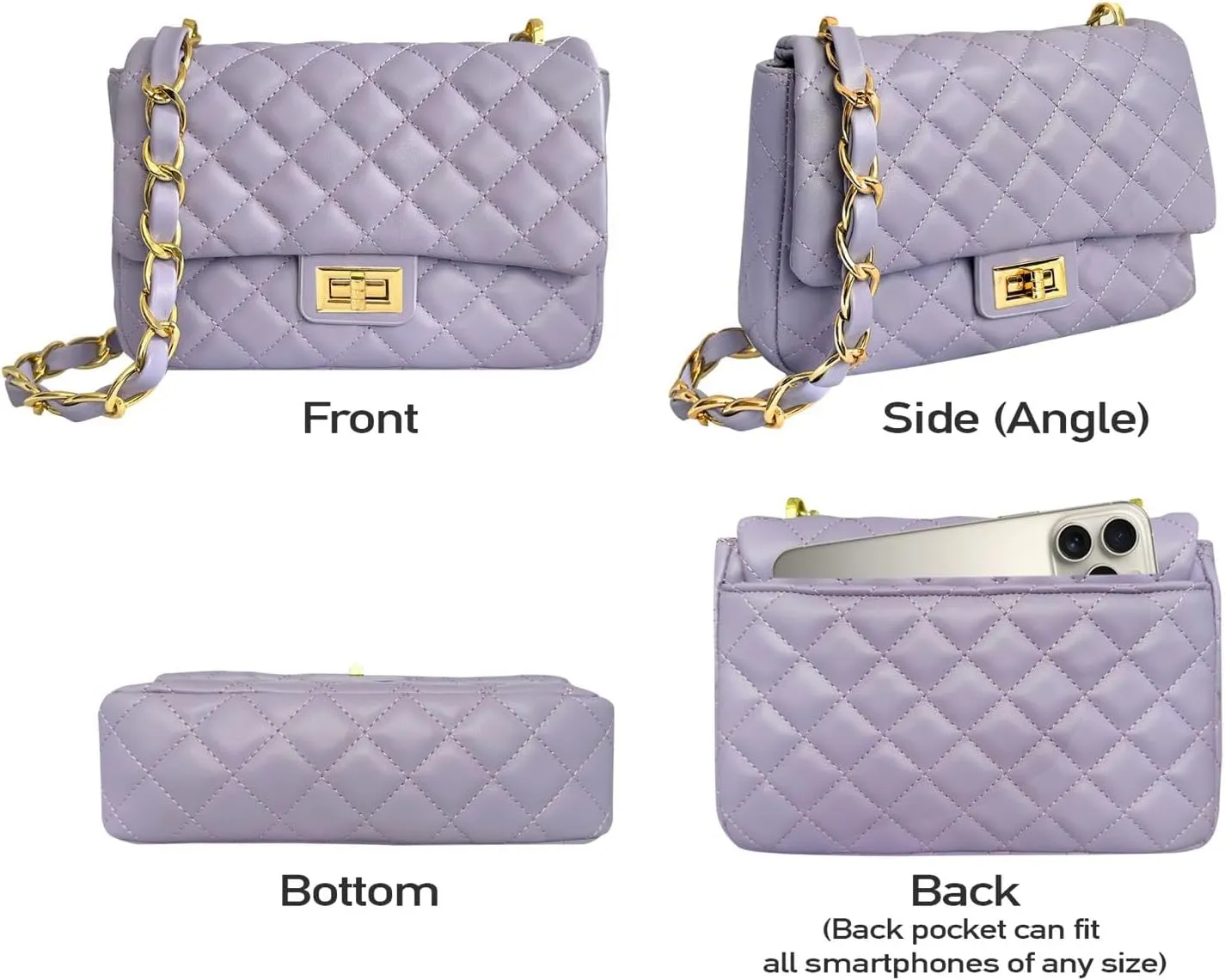 Medium Quilted Leather Crossbody Bag, Designer Soft Shoulder Light Purse, Outer Back Pocket