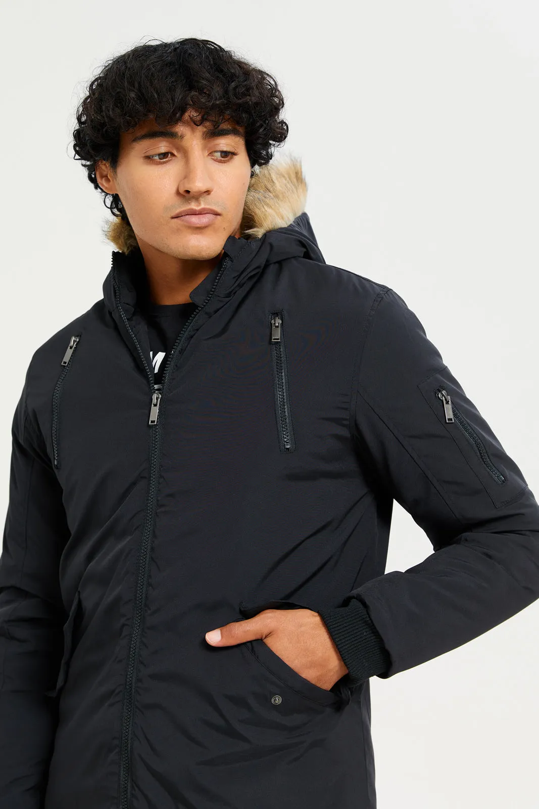 Men Black Hooded Jacket