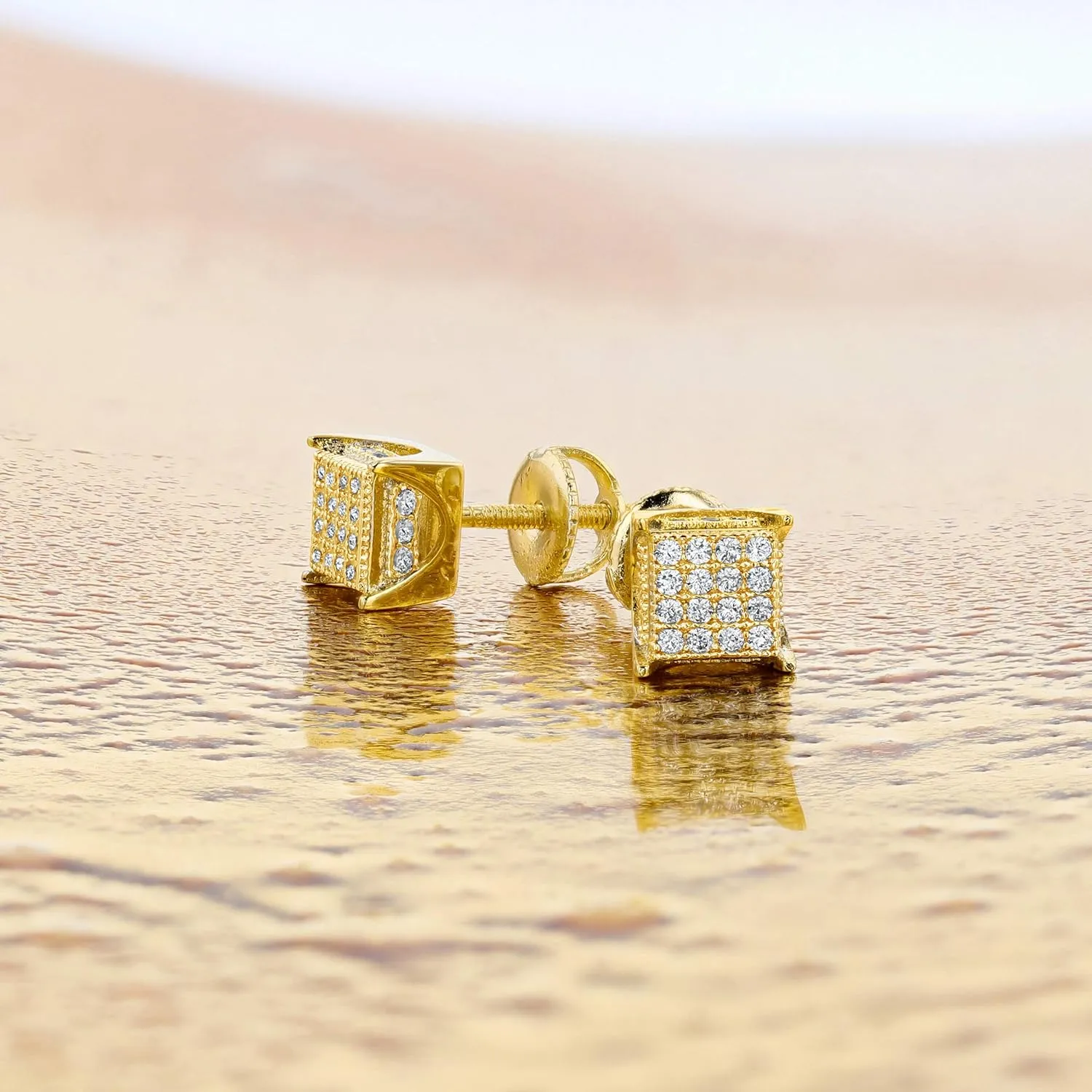 Mens Ladies 14K Gold Over Silver Lab Diamond Earrings Screw Back Studs Iced Out aretes para hombre - Men's Earrings, Screw Back, Men's Jewelry, Hip hop Earring