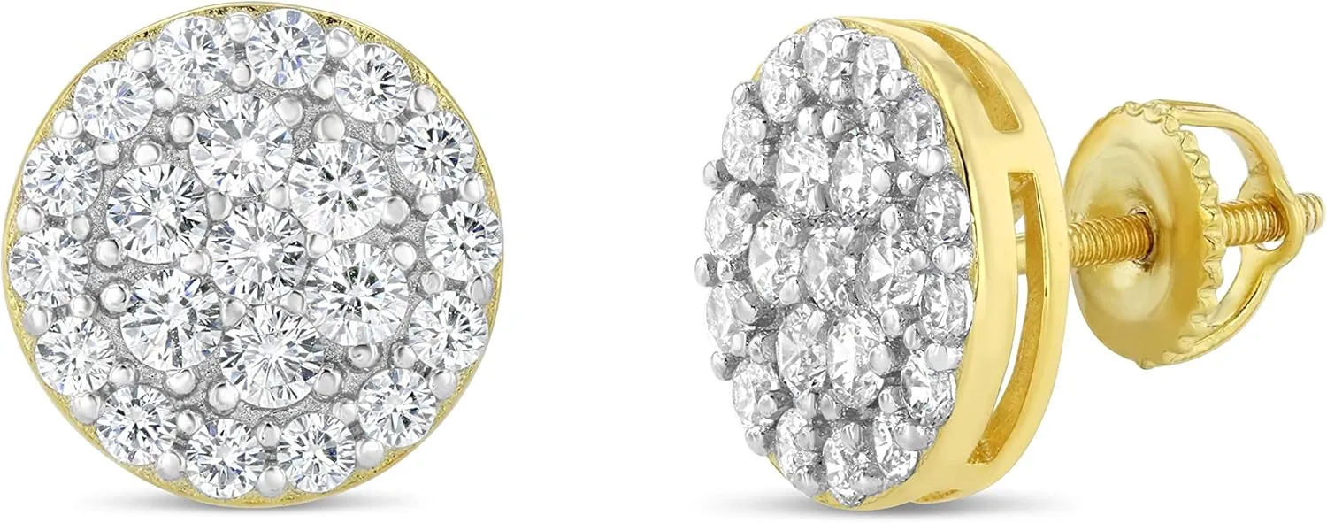 Mens Ladies 14K Gold Over Silver Lab Diamond Earrings Screw Back Studs Iced Out aretes para hombre - Men's Earrings, Screw Back, Men's Jewelry, Hip hop Earring