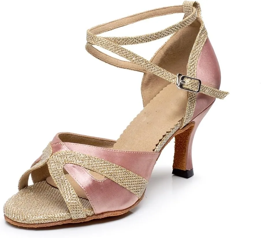 Minishion Women's Cross Strap Glitter Satin Latin Dance Shoes