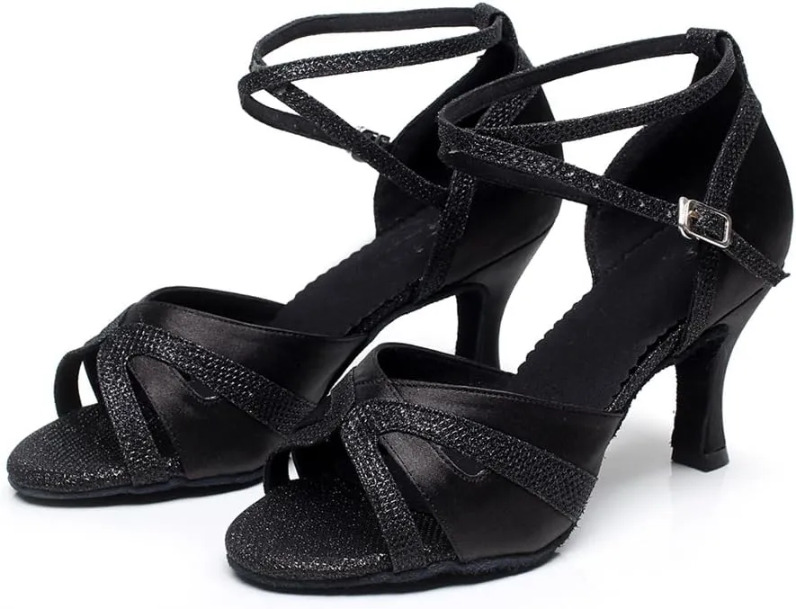 Minishion Women's Cross Strap Glitter Satin Latin Dance Shoes