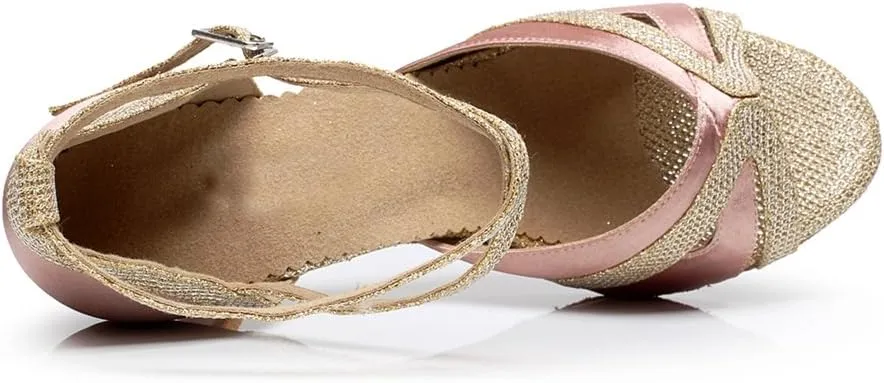 Minishion Women's Cross Strap Glitter Satin Latin Dance Shoes