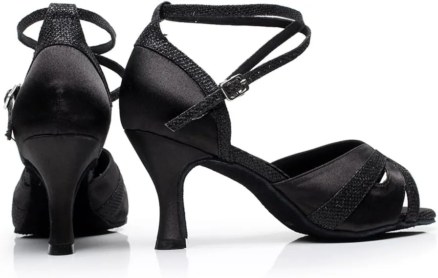 Minishion Women's Cross Strap Glitter Satin Latin Dance Shoes