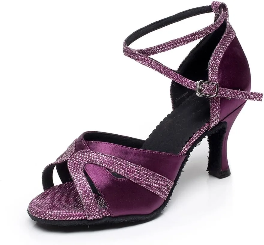 Minishion Women's Cross Strap Glitter Satin Latin Dance Shoes