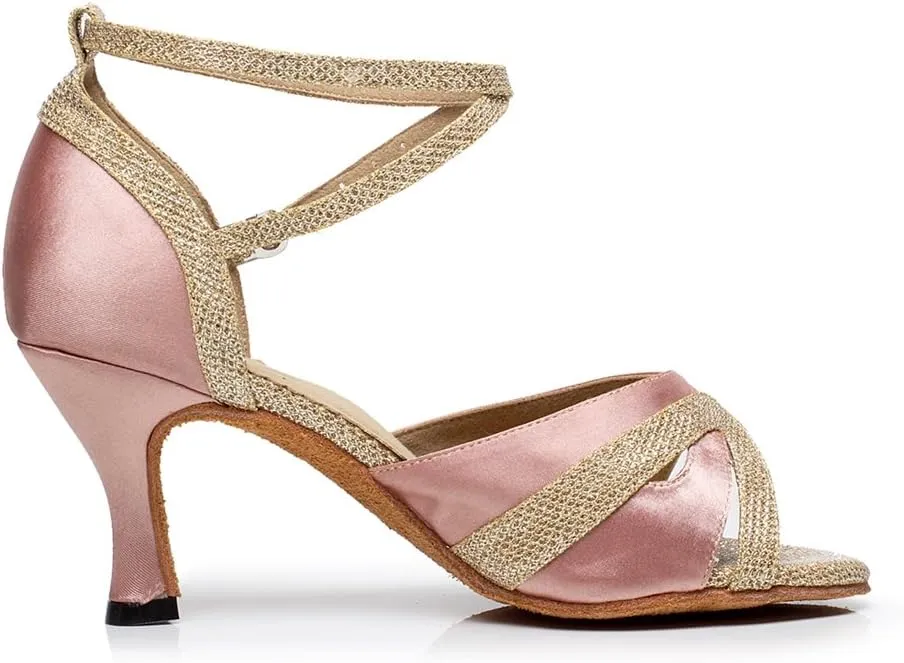 Minishion Women's Cross Strap Glitter Satin Latin Dance Shoes
