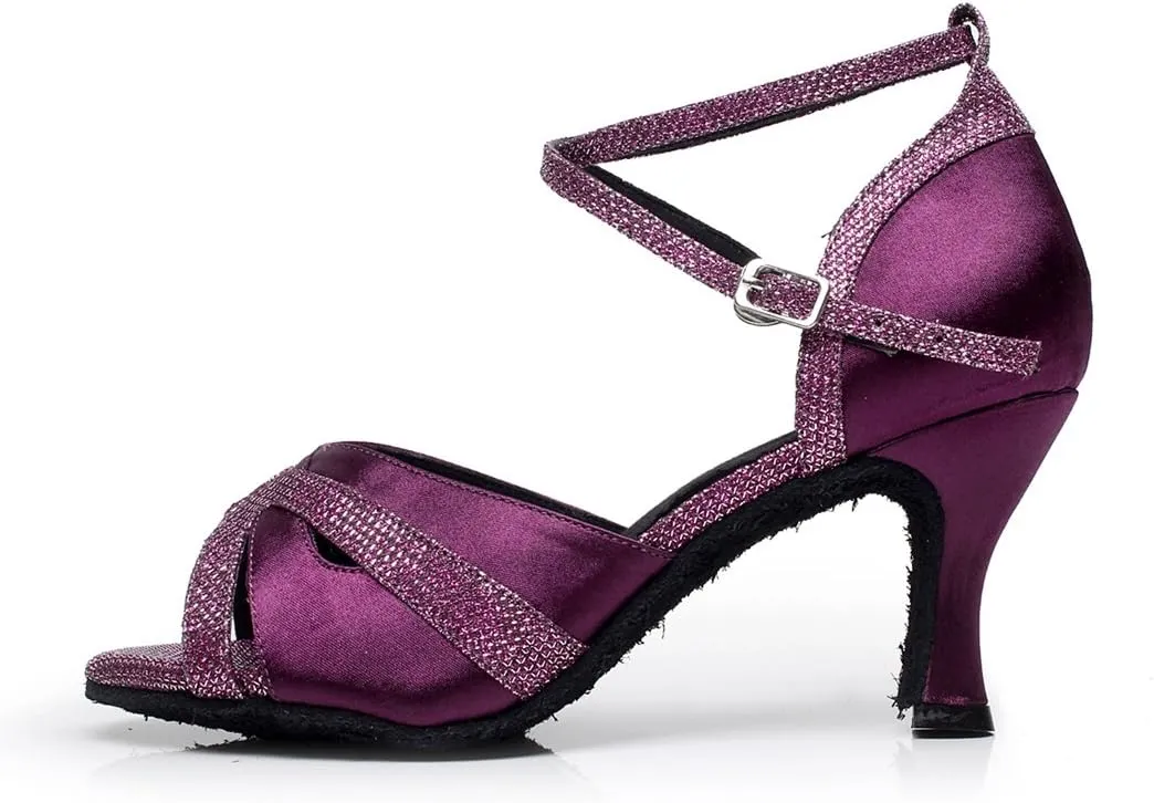 Minishion Women's Cross Strap Glitter Satin Latin Dance Shoes