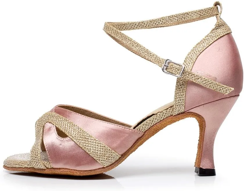 Minishion Women's Cross Strap Glitter Satin Latin Dance Shoes
