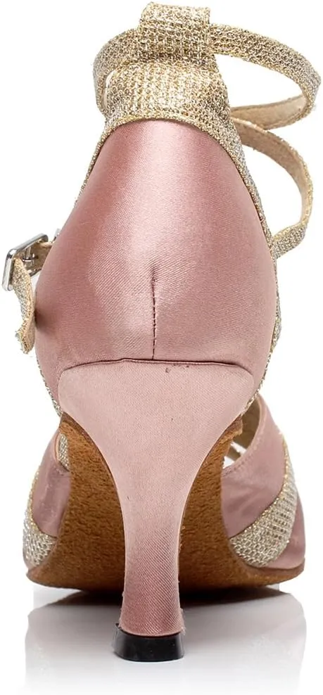 Minishion Women's Cross Strap Glitter Satin Latin Dance Shoes