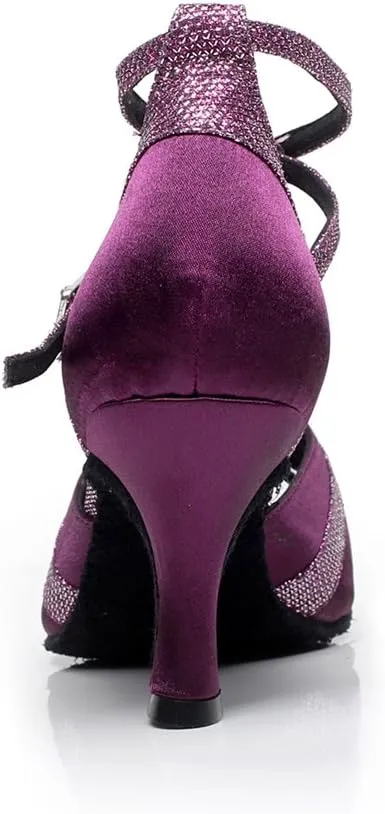 Minishion Women's Cross Strap Glitter Satin Latin Dance Shoes