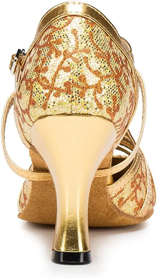 Misu Women's Closed toe Suede Sole Latin Salsa Tango Practice Ballroom Dance Shoes with 3.1" Heel, Gold Glitter and PU