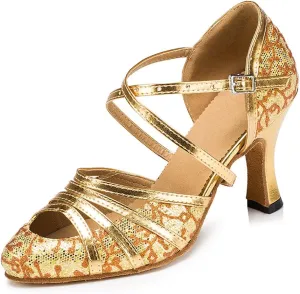Misu Women's Closed toe Suede Sole Latin Salsa Tango Practice Ballroom Dance Shoes with 3.1" Heel, Gold Glitter and PU