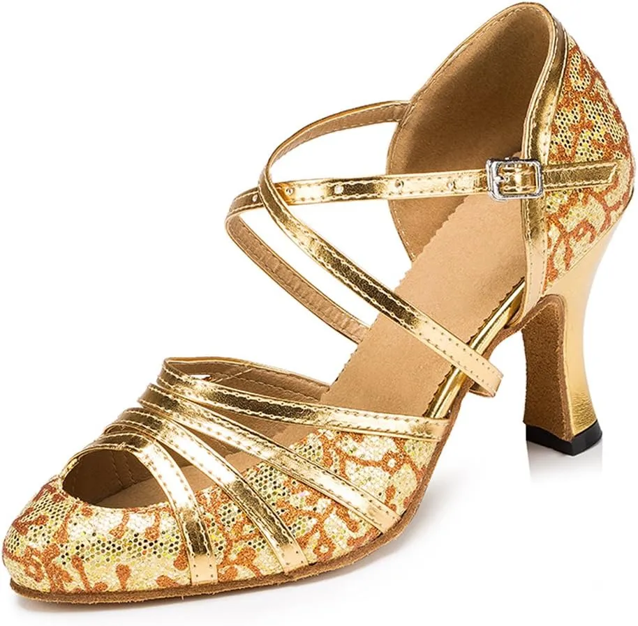 Misu Women's Closed toe Suede Sole Latin Salsa Tango Practice Ballroom Dance Shoes with 3.1" Heel, Gold Glitter and PU