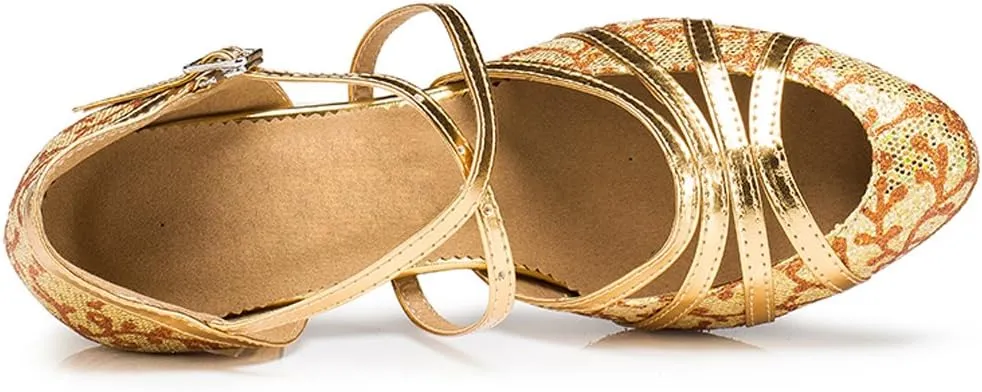 Misu Women's Closed toe Suede Sole Latin Salsa Tango Practice Ballroom Dance Shoes with 3.1" Heel, Gold Glitter and PU