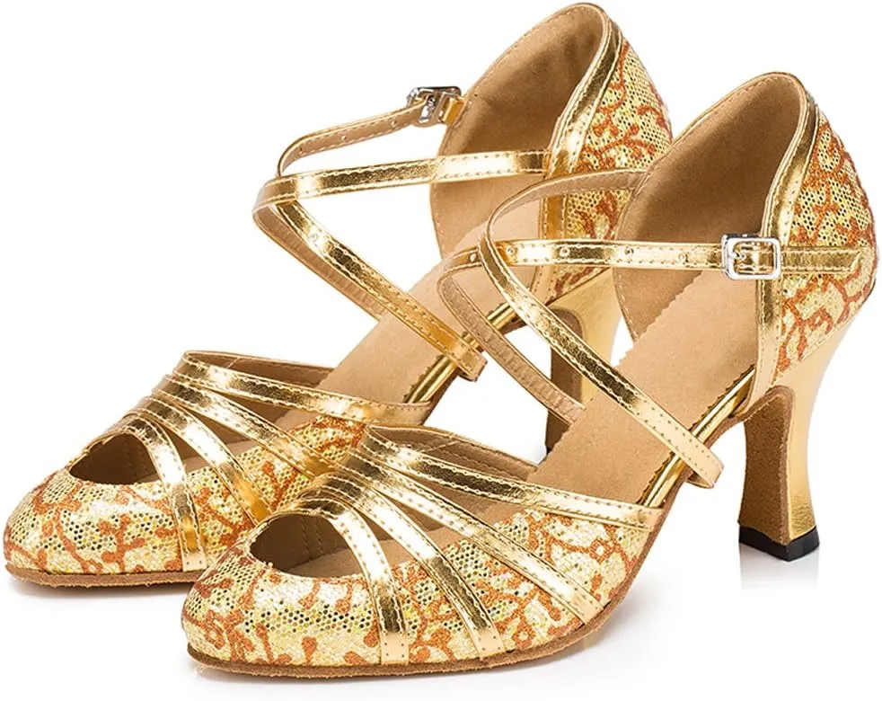 Misu Women's Closed toe Suede Sole Latin Salsa Tango Practice Ballroom Dance Shoes with 3.1" Heel, Gold Glitter and PU