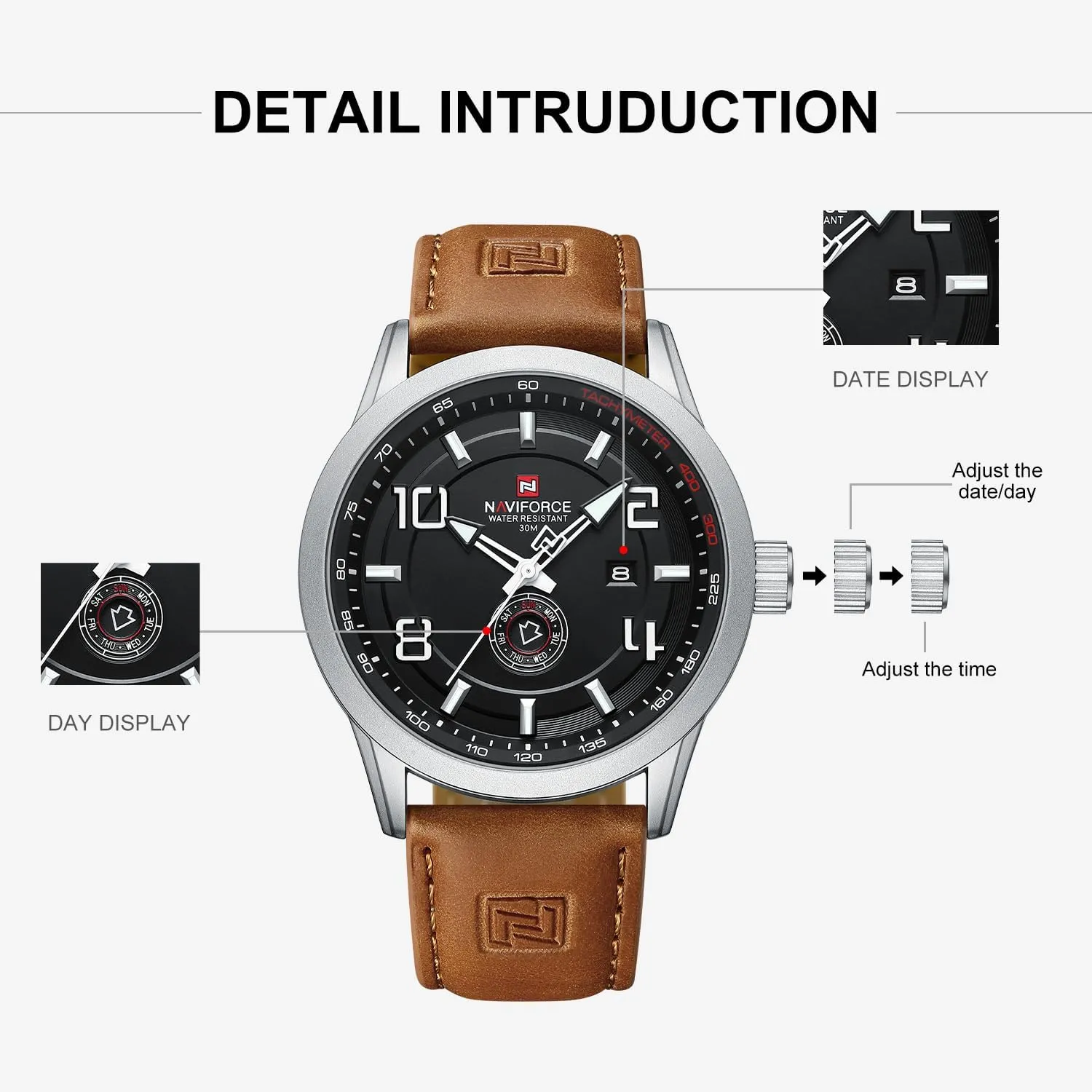 NAVIFORCE Sport Watches for Men Leather Band Waterproof Quartz Analog Wristwatch Easy to Read with Auto Date