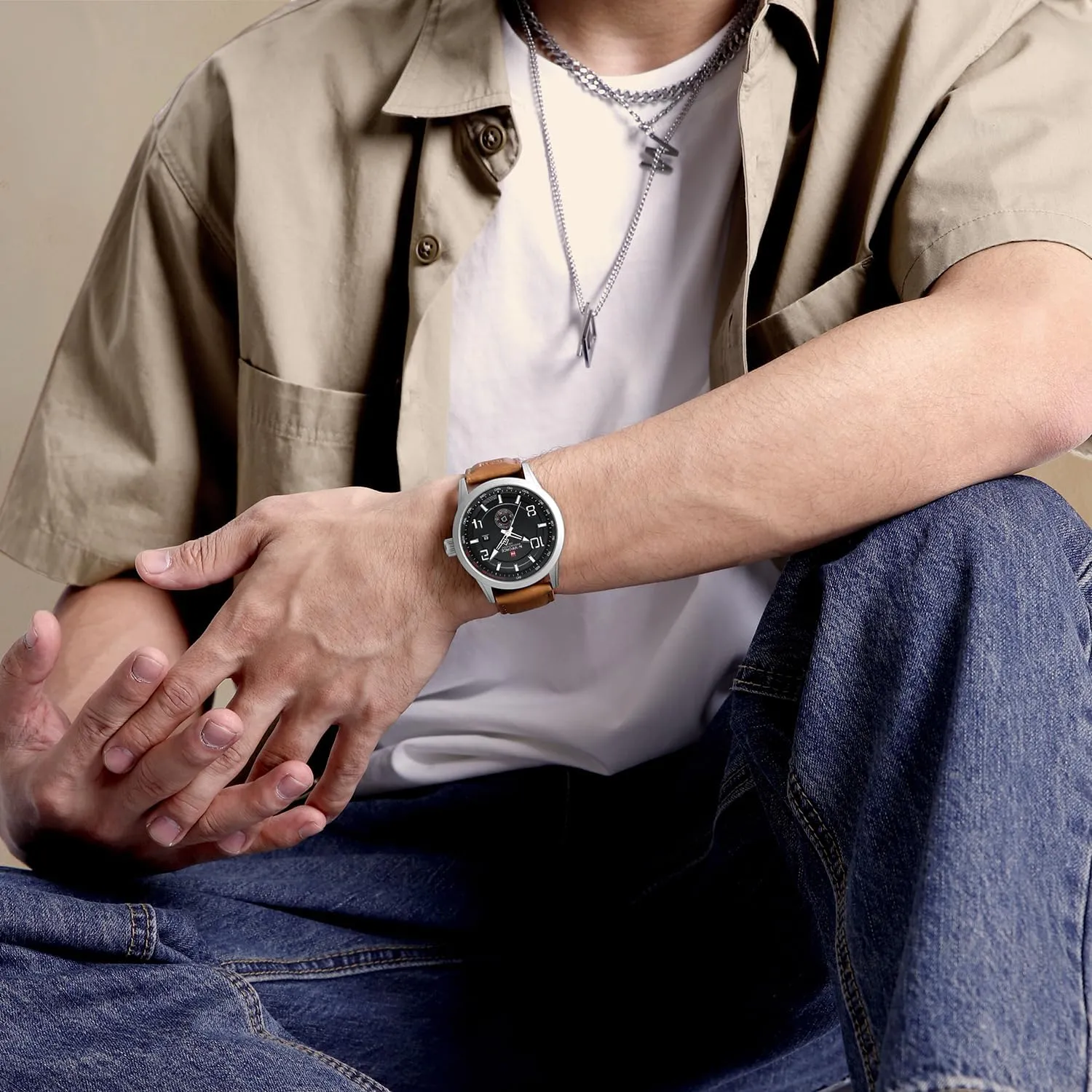 NAVIFORCE Sport Watches for Men Leather Band Waterproof Quartz Analog Wristwatch Easy to Read with Auto Date