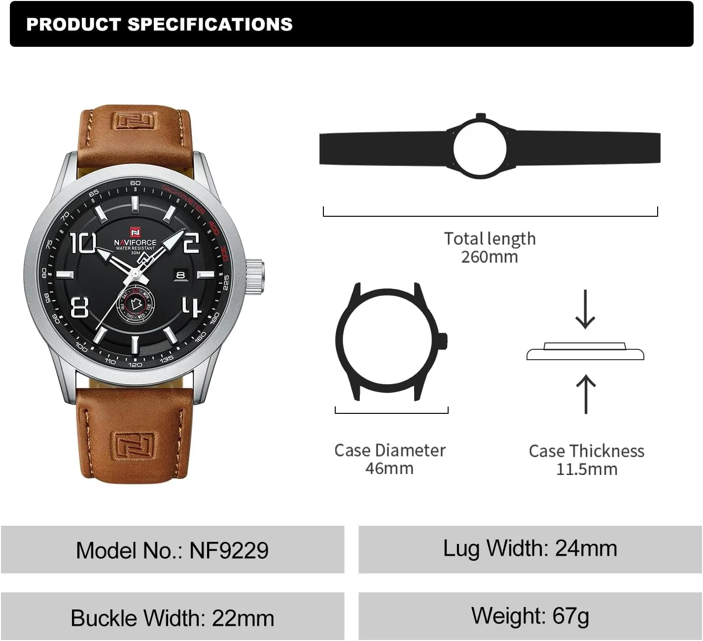NAVIFORCE Sport Watches for Men Leather Band Waterproof Quartz Analog Wristwatch Easy to Read with Auto Date