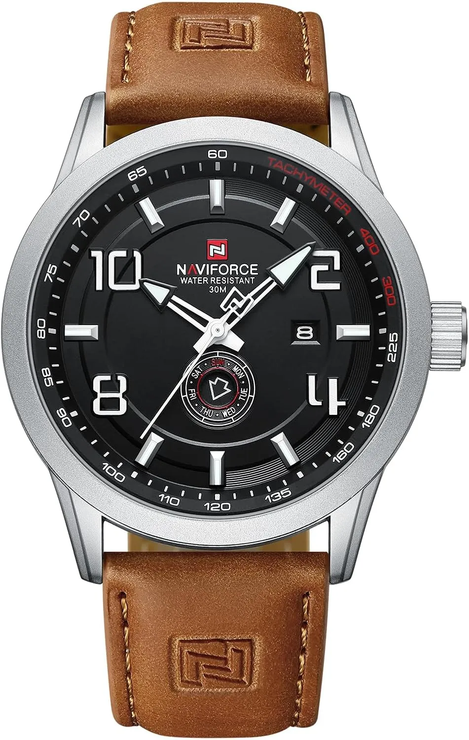NAVIFORCE Sport Watches for Men Leather Band Waterproof Quartz Analog Wristwatch Easy to Read with Auto Date