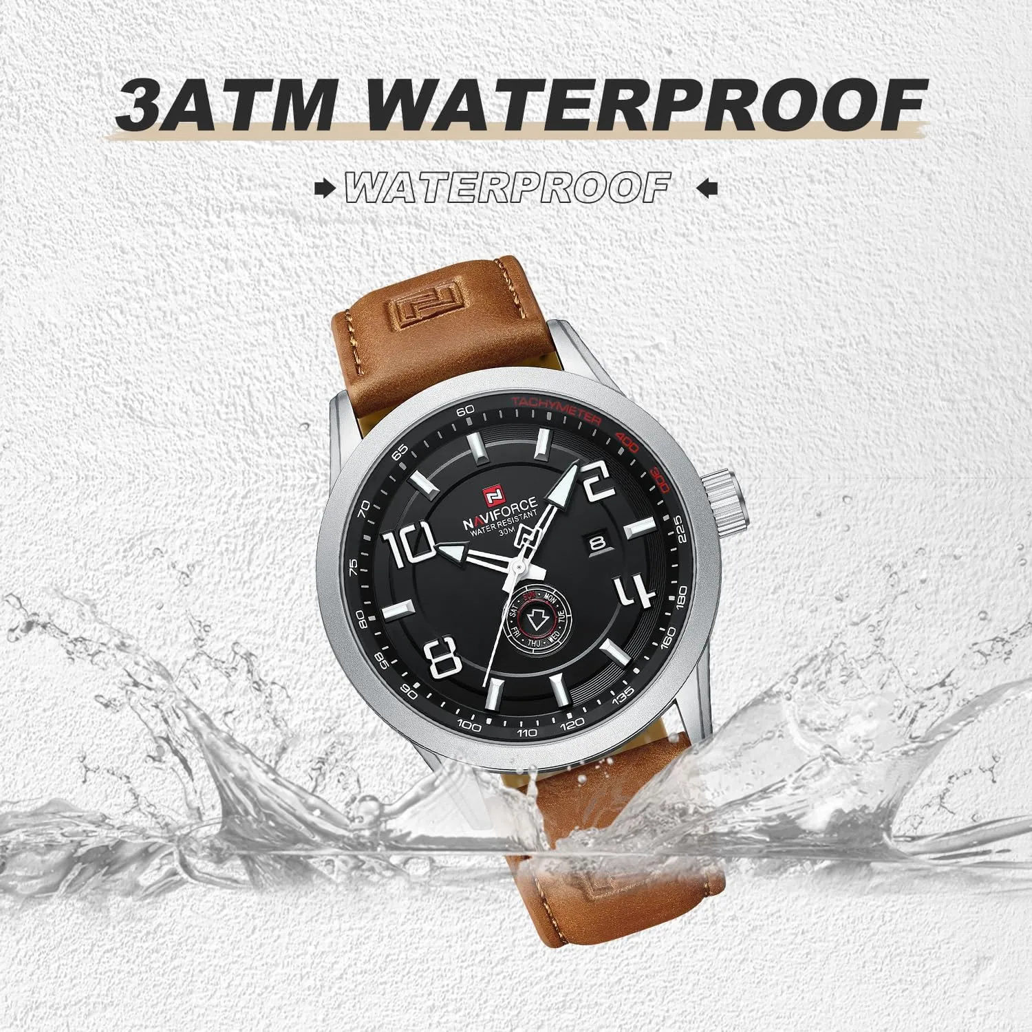 NAVIFORCE Sport Watches for Men Leather Band Waterproof Quartz Analog Wristwatch Easy to Read with Auto Date