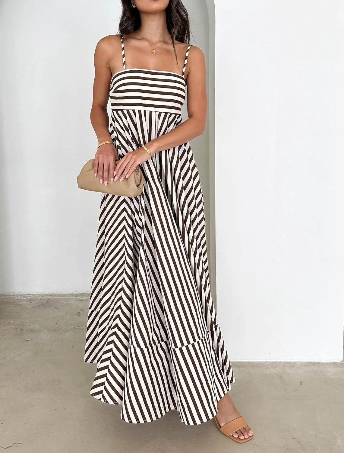 NUFIWI Women Striped Swing Maxi Dress Spaghetti Strap Backless Smocked Midi Long Dress Boho Flowy Beach Sundress