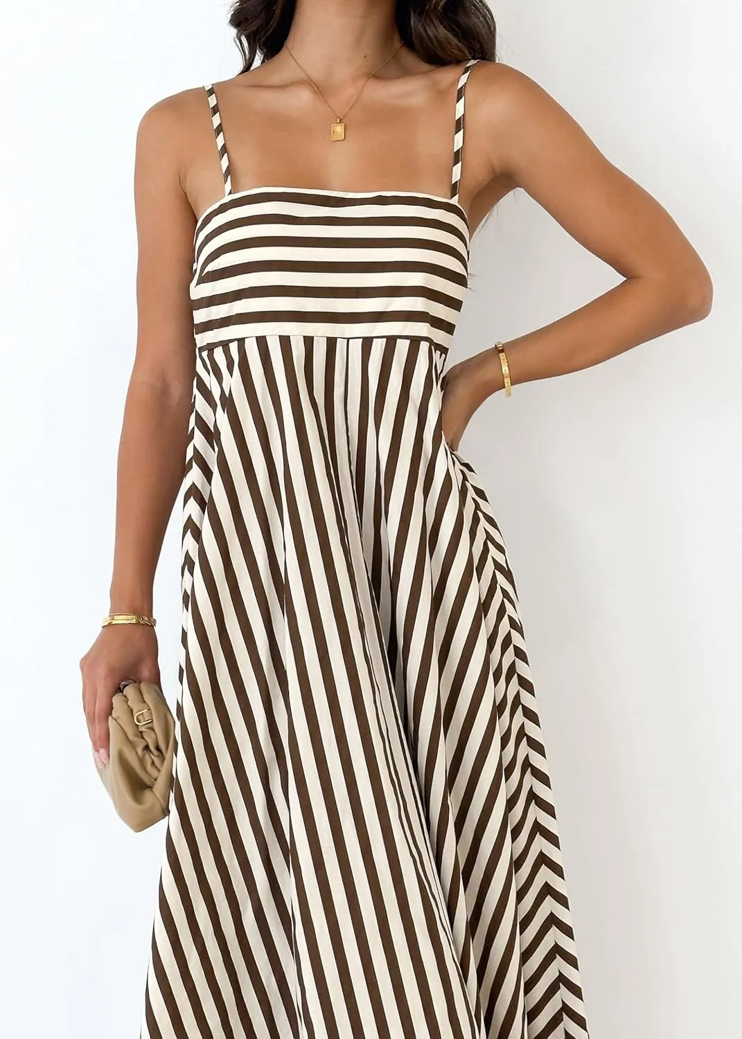 NUFIWI Women Striped Swing Maxi Dress Spaghetti Strap Backless Smocked Midi Long Dress Boho Flowy Beach Sundress