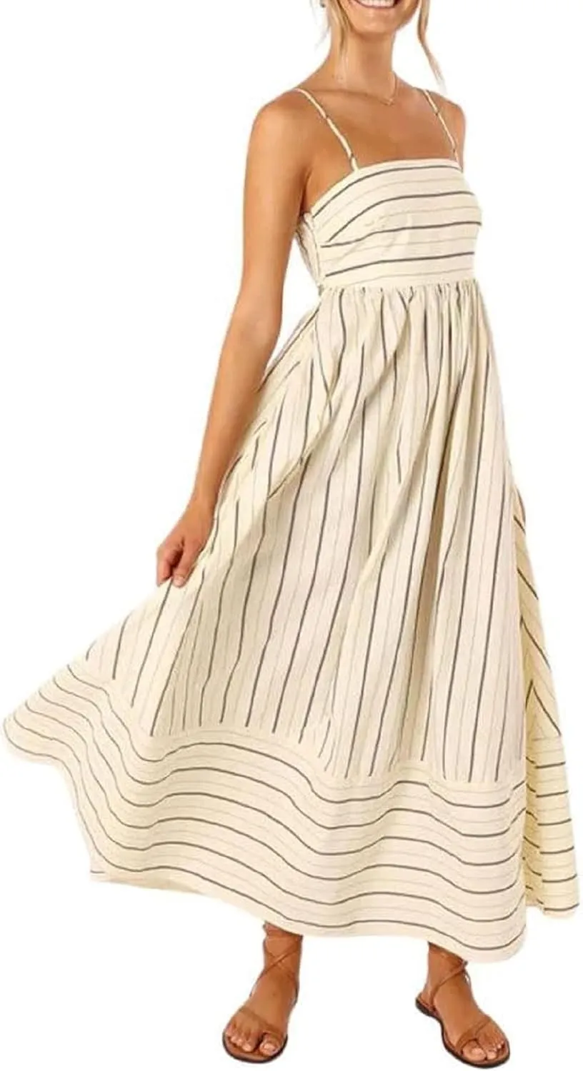 NUFIWI Women Striped Swing Maxi Dress Spaghetti Strap Backless Smocked Midi Long Dress Boho Flowy Beach Sundress
