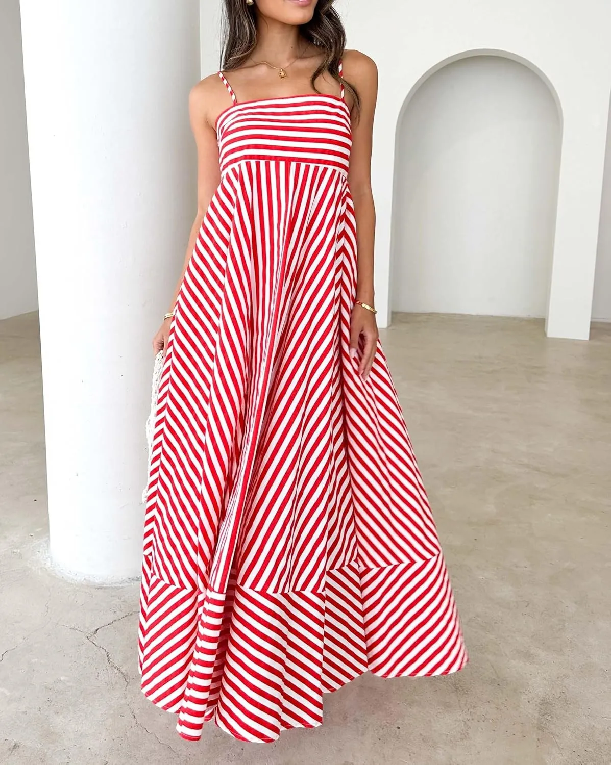 NUFIWI Women Striped Swing Maxi Dress Spaghetti Strap Backless Smocked Midi Long Dress Boho Flowy Beach Sundress