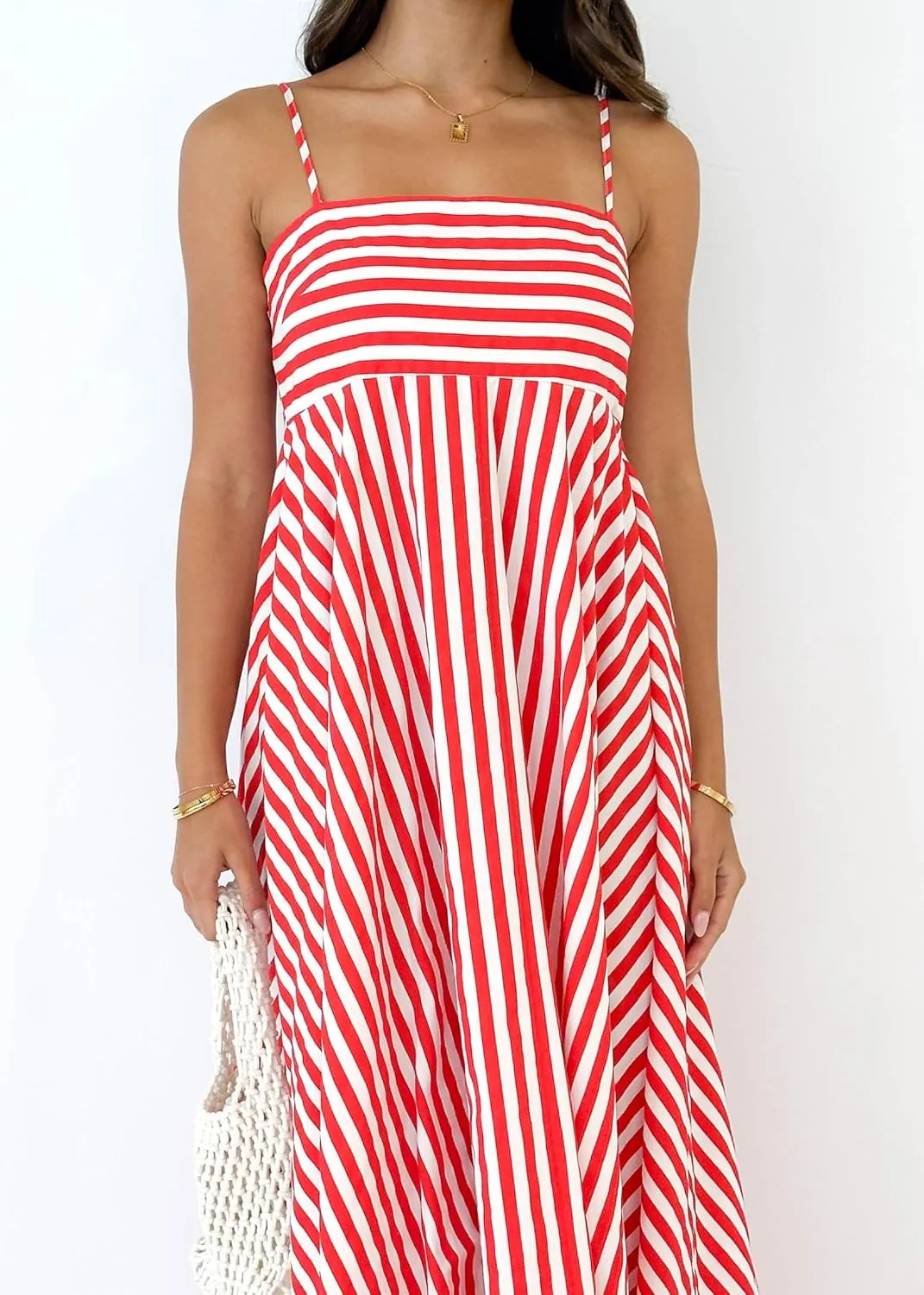 NUFIWI Women Striped Swing Maxi Dress Spaghetti Strap Backless Smocked Midi Long Dress Boho Flowy Beach Sundress