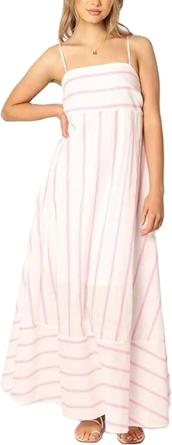 NUFIWI Women Striped Swing Maxi Dress Spaghetti Strap Backless Smocked Midi Long Dress Boho Flowy Beach Sundress